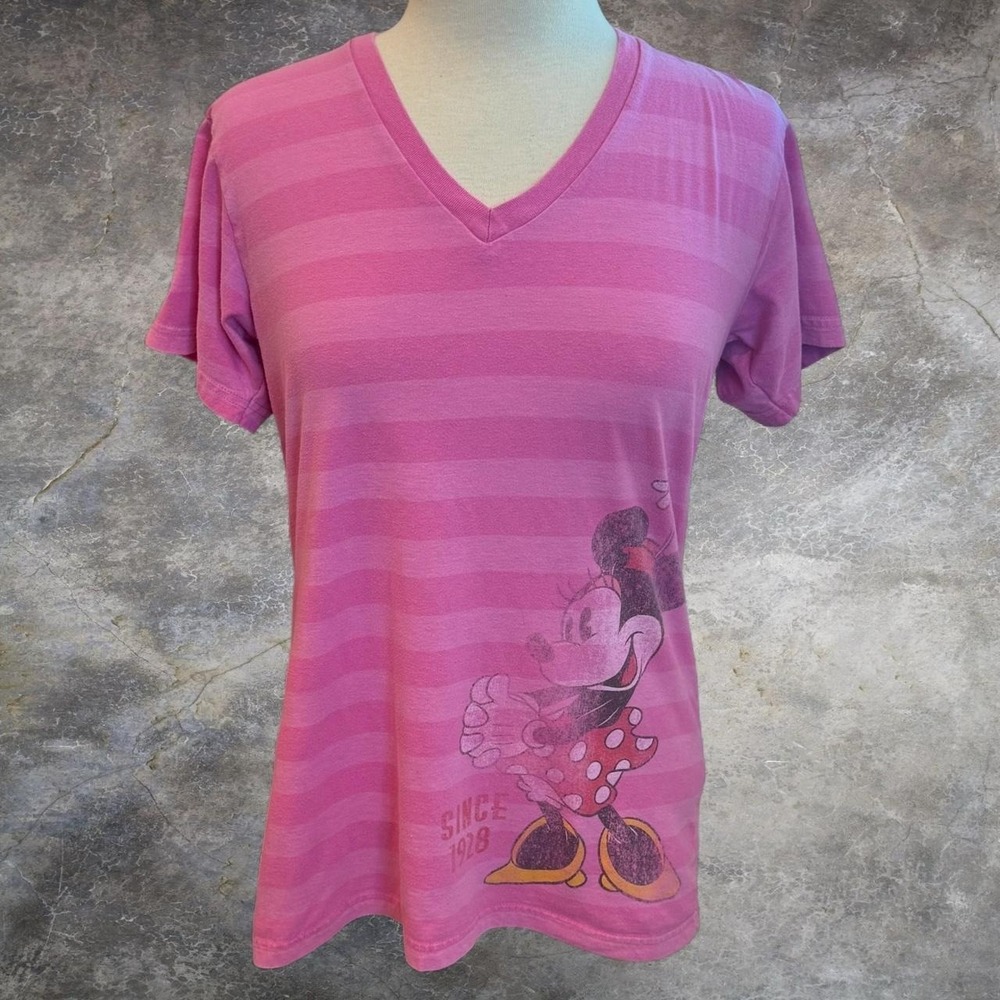Vintage Disney Minnie Mouse Striped Pink V-Neck Shirt Women's Size Large Y2K VTG
